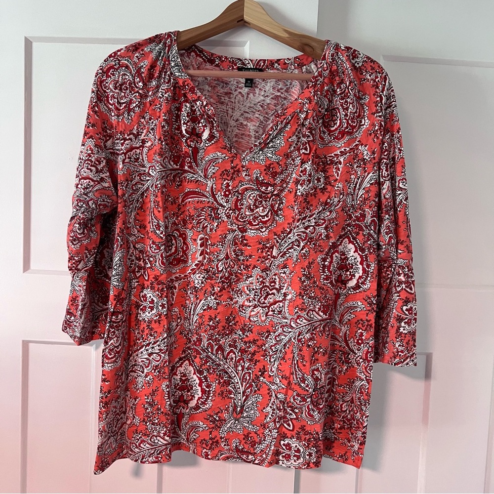 Talbots Woman’s Paisley V-Neck Cotton Blouse, Size 1X